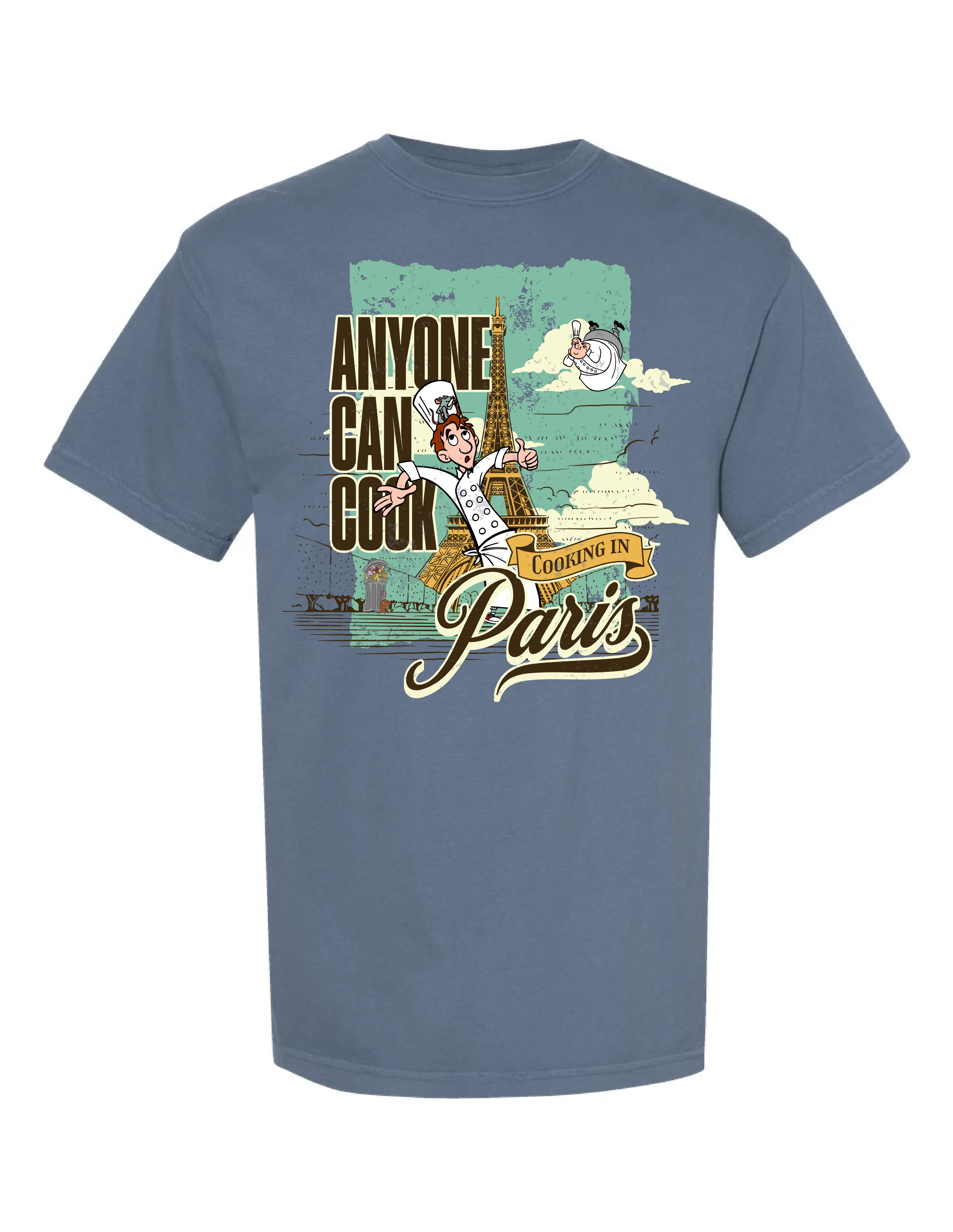 Blue graphic tee with cartoon Paris chef, Eiffel Tower, and 'Anyone Can Cook' text.